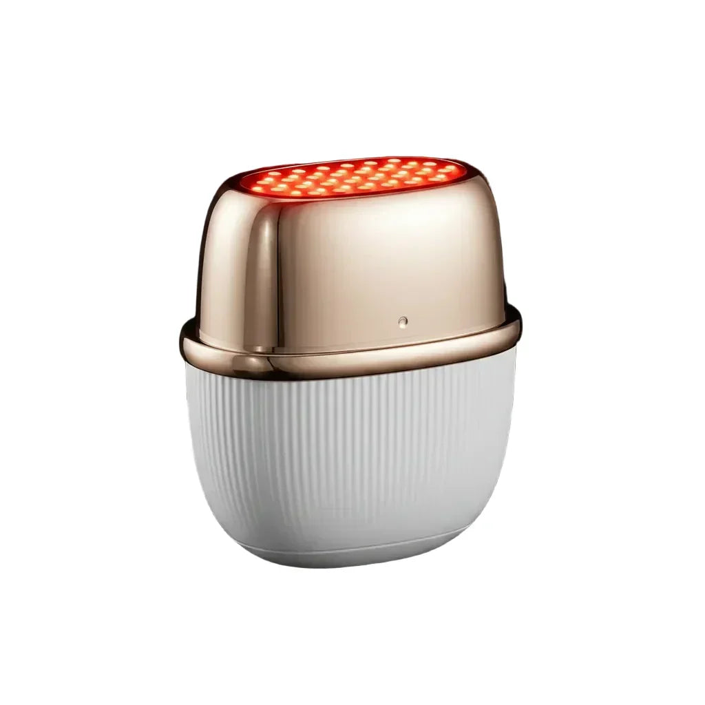 Woman 40+ holding LumiCrown Pro to face, cream interior, soft golden light, burgundy accent, editorial Kinfolk-style