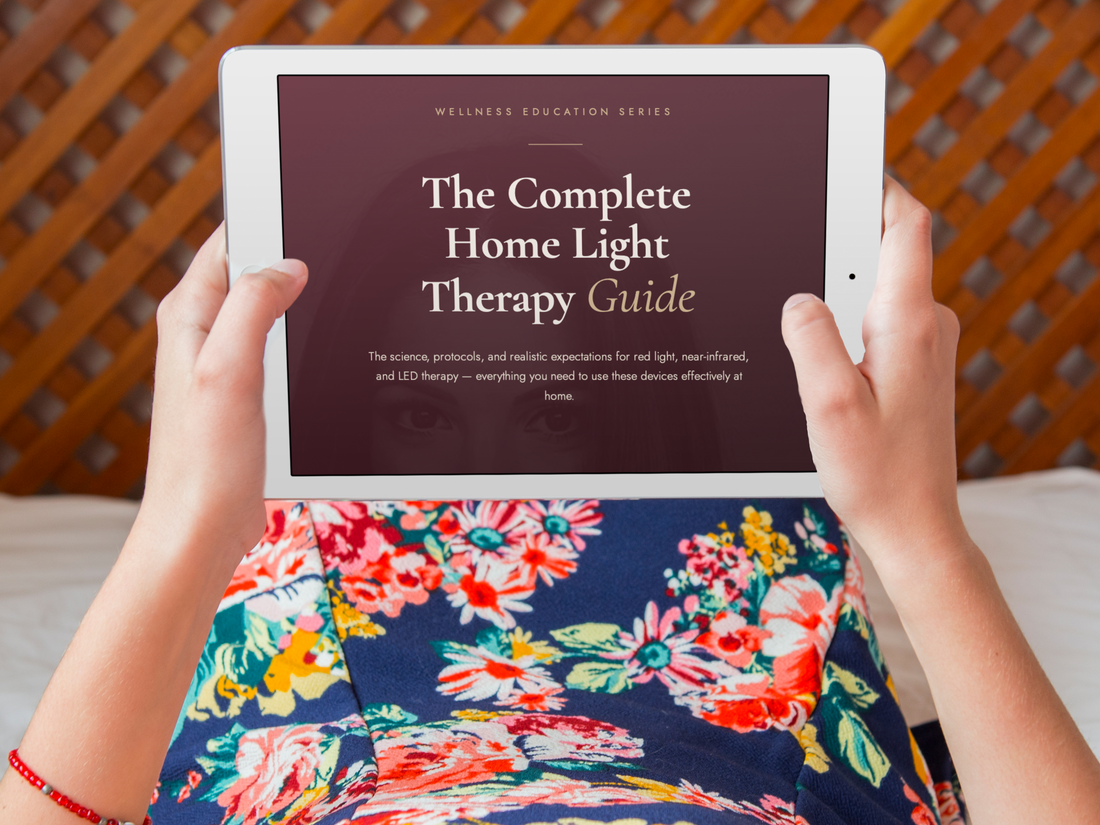 Aurora Blur Complete Home Light Therapy Guide PDF ebook cover with burgundy and gold design showing science of red light therapy