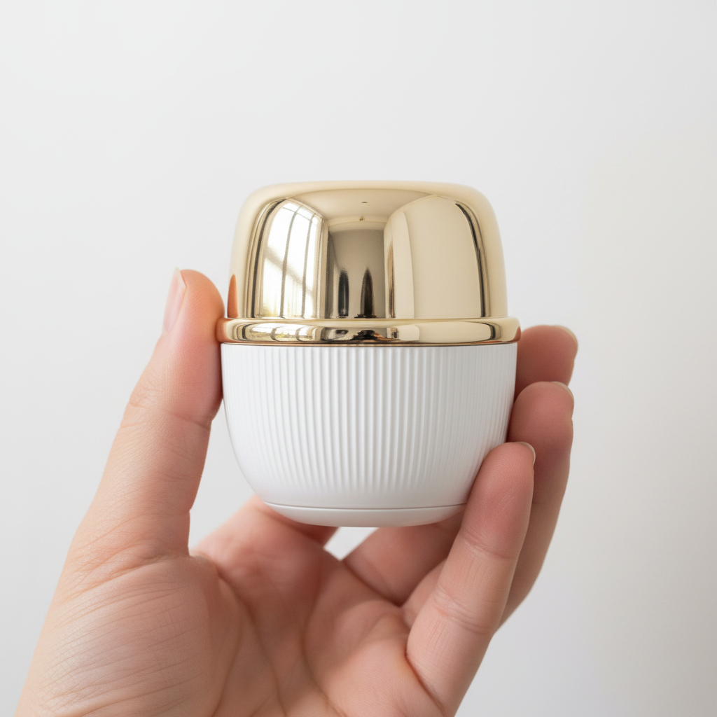Hand holding LumiCrown Pro face device showing 24K gold plated treatment head