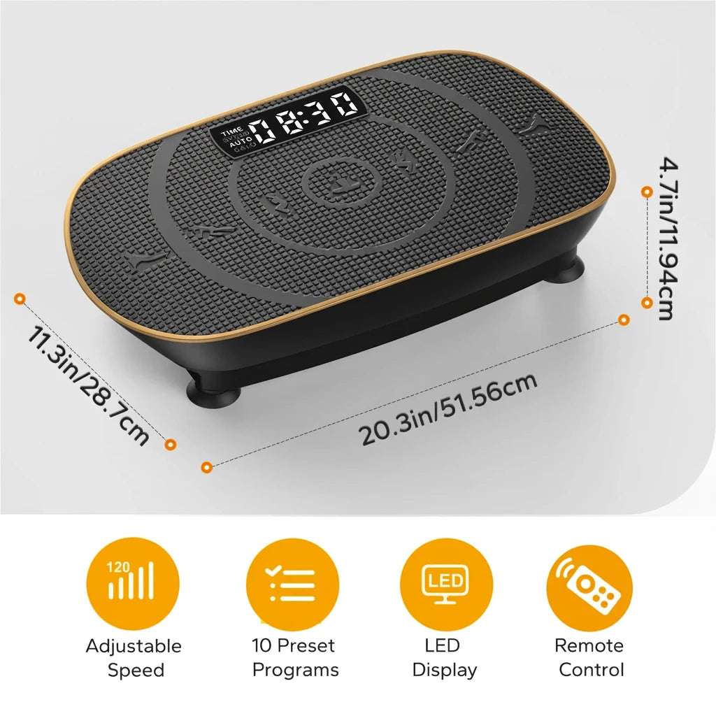 Person using the AuraVibe Pro vibration plate with the remote cord visible
