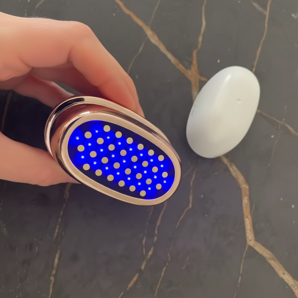 Blue LED light therapy mode active on LumiCrown Pro face device