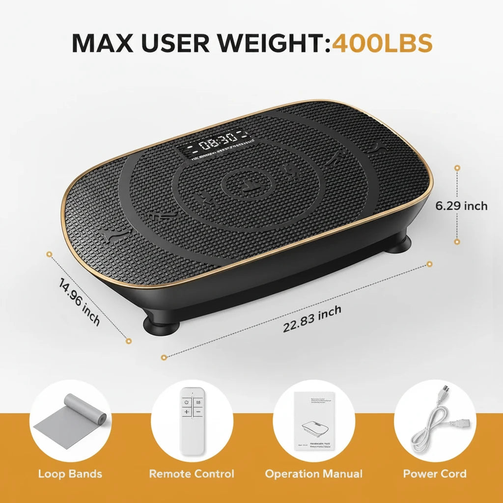 AuraVibe Pro vibration plate with included accessories and 400 lb max user weight label
