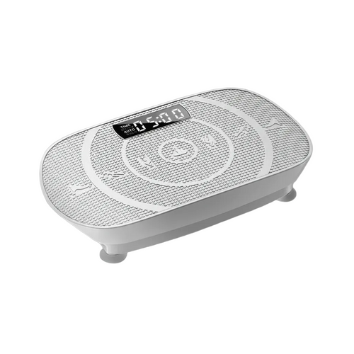 White AuraVibe Pro vibration plate with LED display, shown at an angle on the floor
