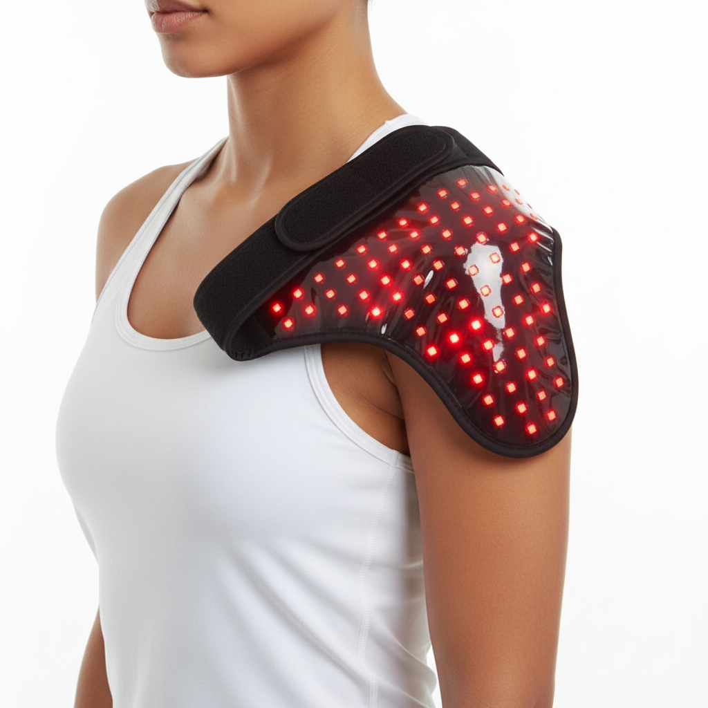 Woman wearing the LumiWrap Pro red light wrap over her shoulder
