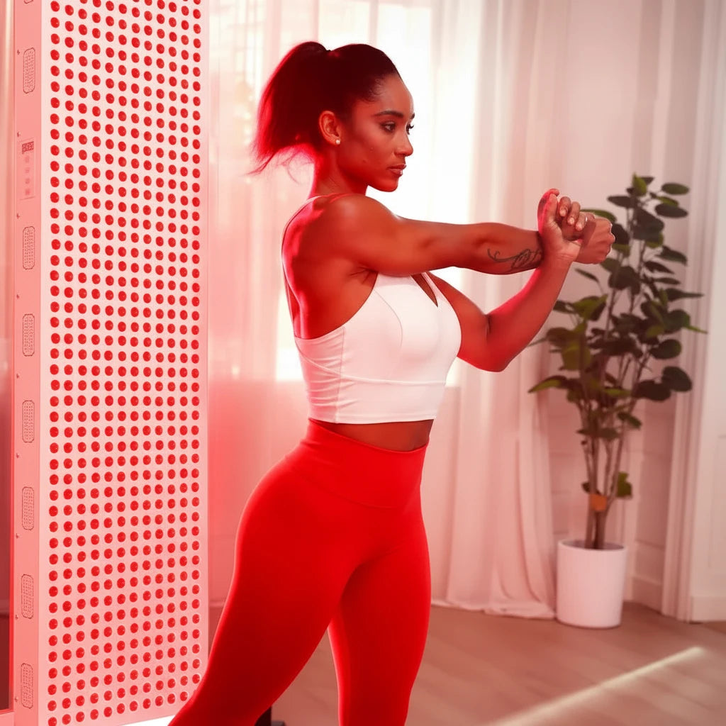 Woman exercising with LumiPanel Pro Max in red light therapy home gym setup