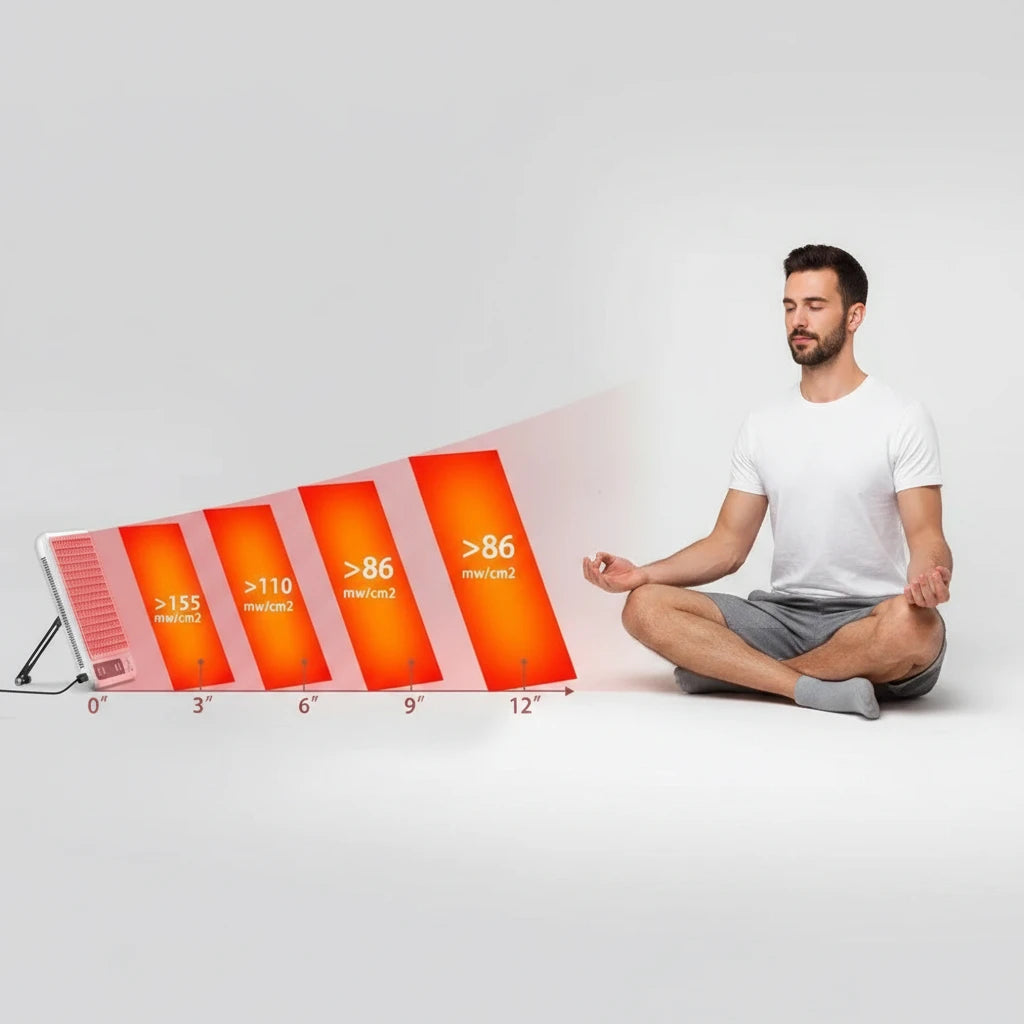LumiPanel Pulse positioned for full body red light therapy session