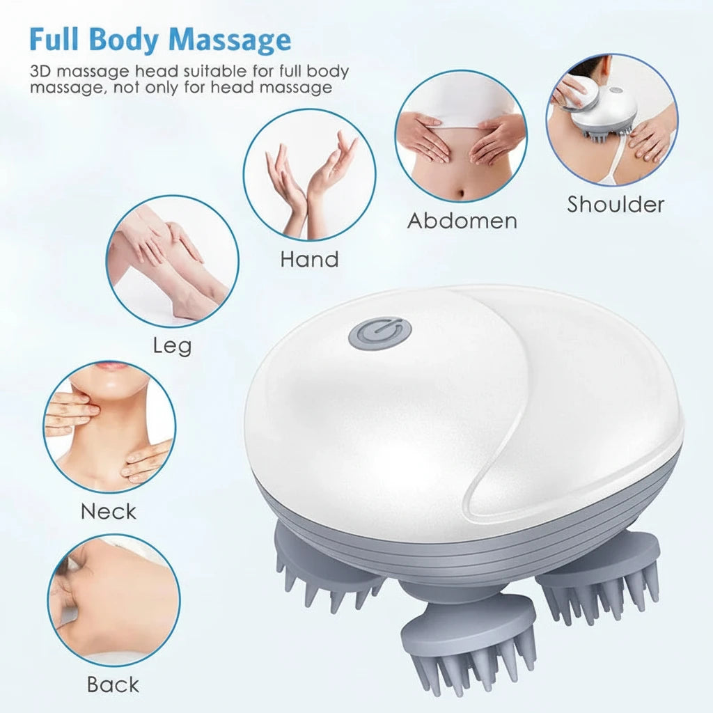 Hand using DualBliss Pro electric scalp massager with 4 detachable massage heads