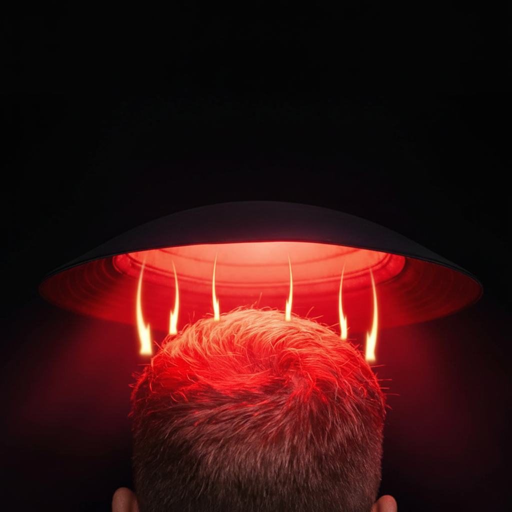 ScalpRevive Ultra red light helmet worn on head, overhead glow view