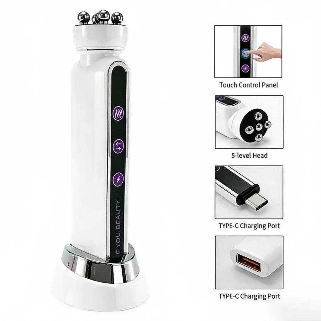 Woman using LumiSculpt Pro 360 EMS face roller along jawline for sculpting ritual
