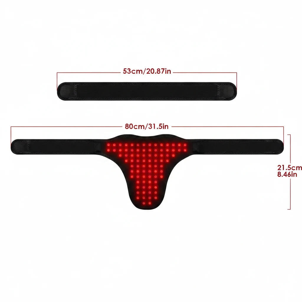 LumiWrap Pro belt shown flat with size dimensions and LED panel layout
