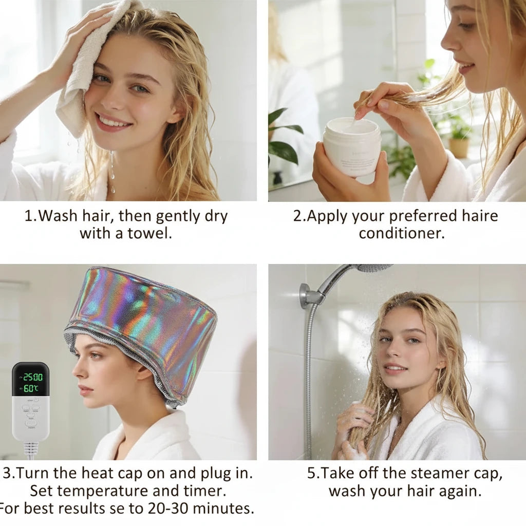 Woman relaxing with ScalpBloom Cap Pro during at-home hair mask treatment ritual
