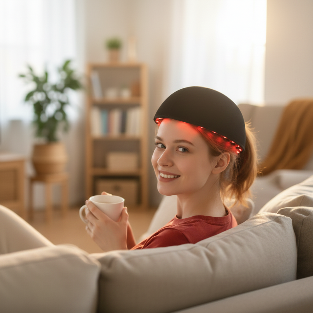 Woman smiling on a sofa while wearing the ScalpRevive Lite red light scalp cap
