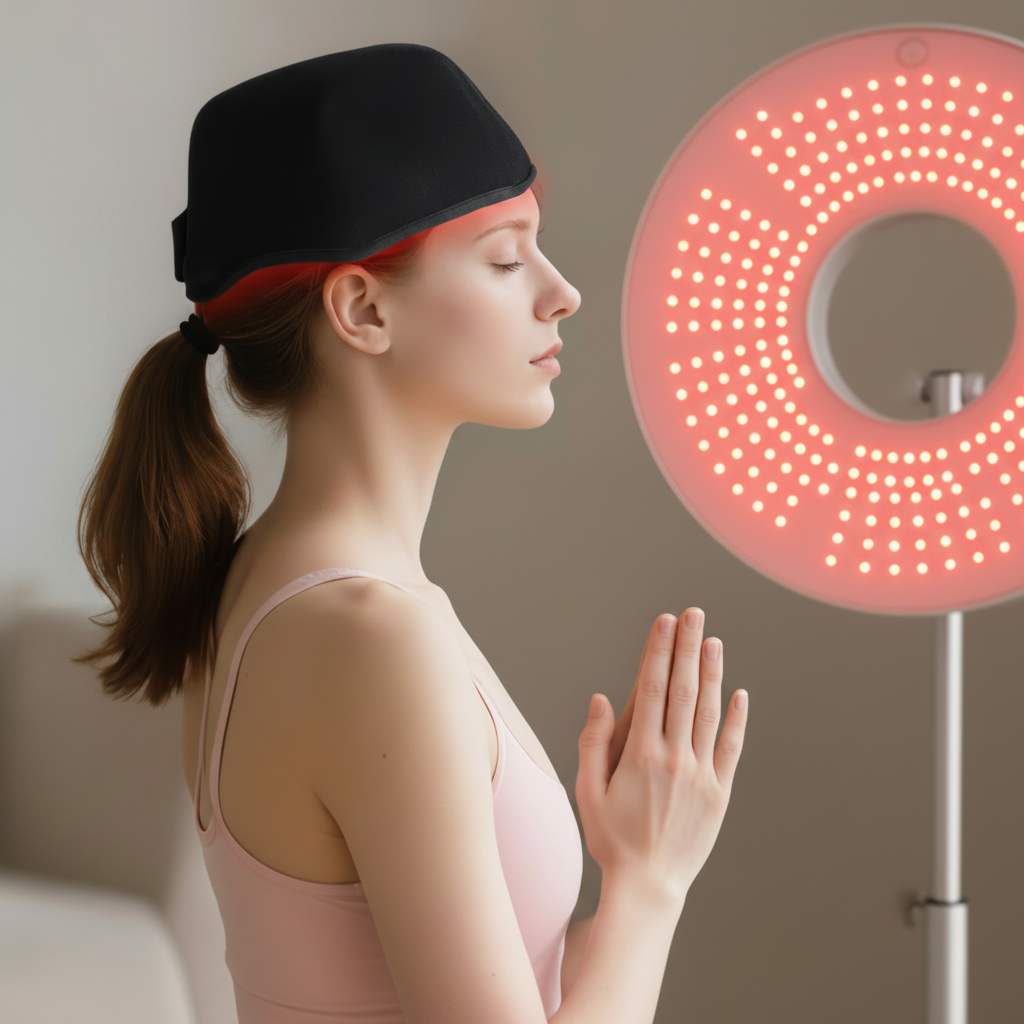 Woman wearing the ScalpRevive Lite red light cap, side profile with red LEDs glowing