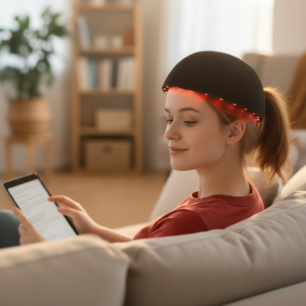 Woman relaxing on a couch with her phone while wearing the ScalpRevive Lite red light cap