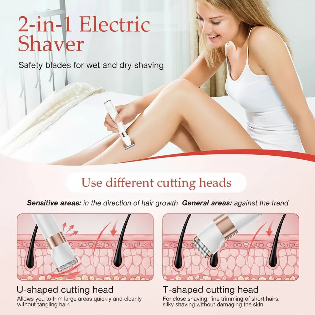 Hand holding SilkGlide Pro electric body shaver with R-type and T-type blade attachments
