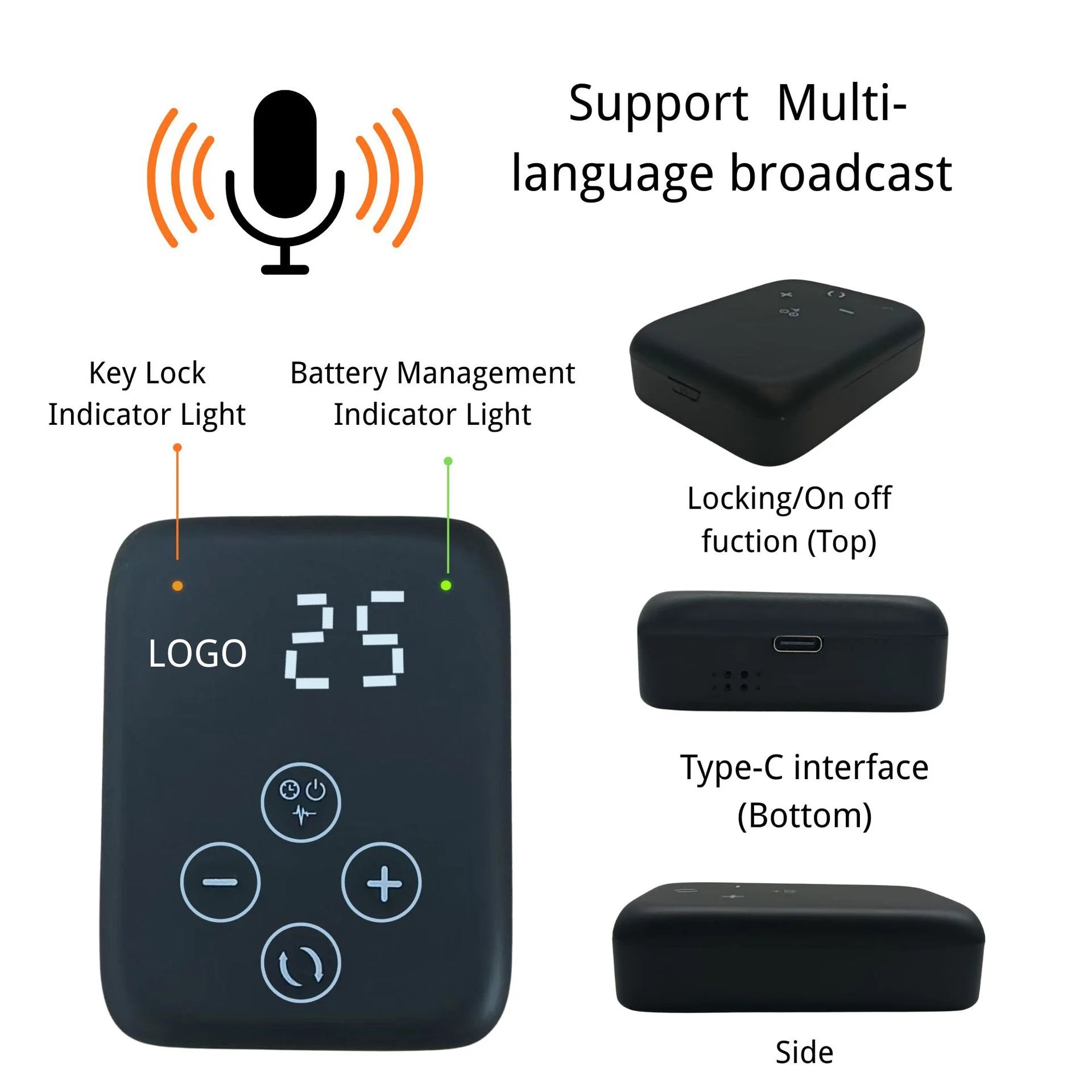 FootGlow Pro feature diagram showing controller, Type-C port and multi-language voice
