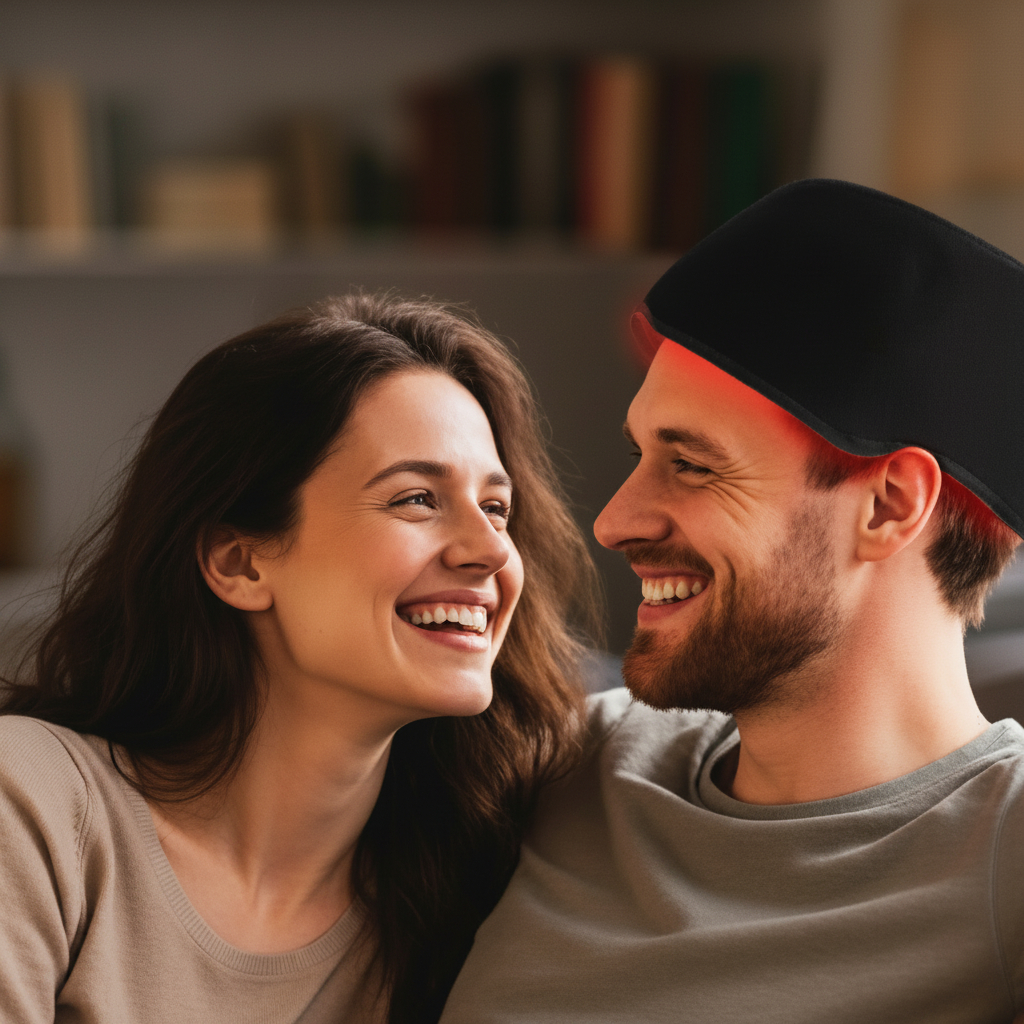 Couple relaxing at home, the woman wearing the ScalpRevive Lite red light hair cap