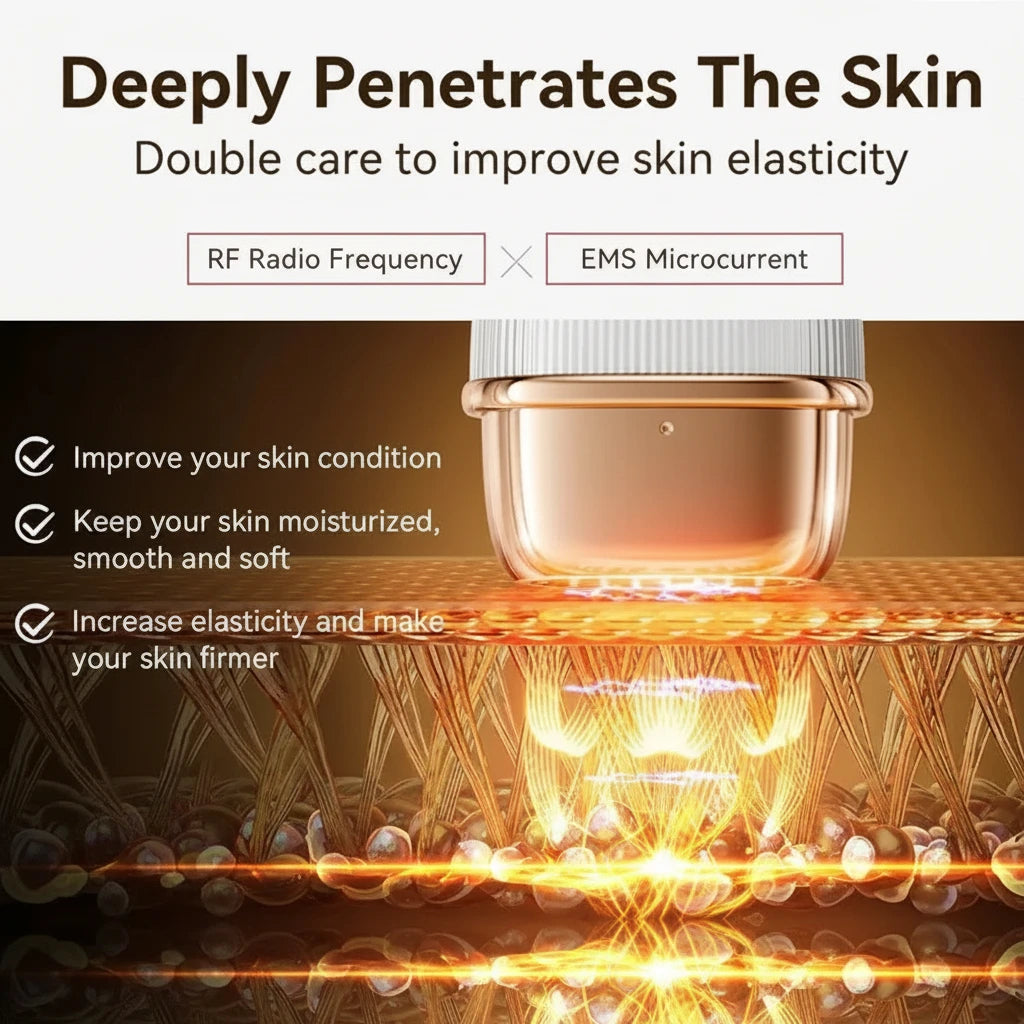 Woman using LumiCrown Pro RF anti-wrinkle face device for skin tightening ritual

