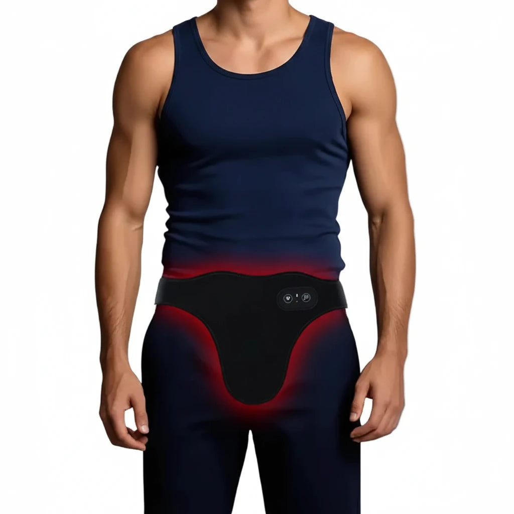 Man wearing the LumiWrap Pro red light belt over fitted activewear, front view
