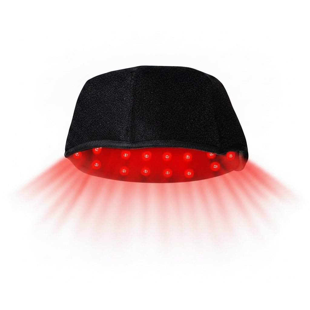 ScalpRevive Lite red light cap with 300 LED beams glowing along the rim
