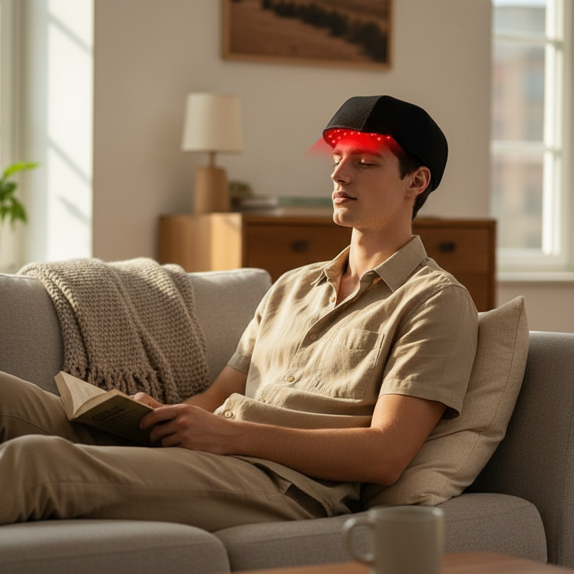 Man relaxing on a couch wearing the ScalpRevive Lite cordless red light cap