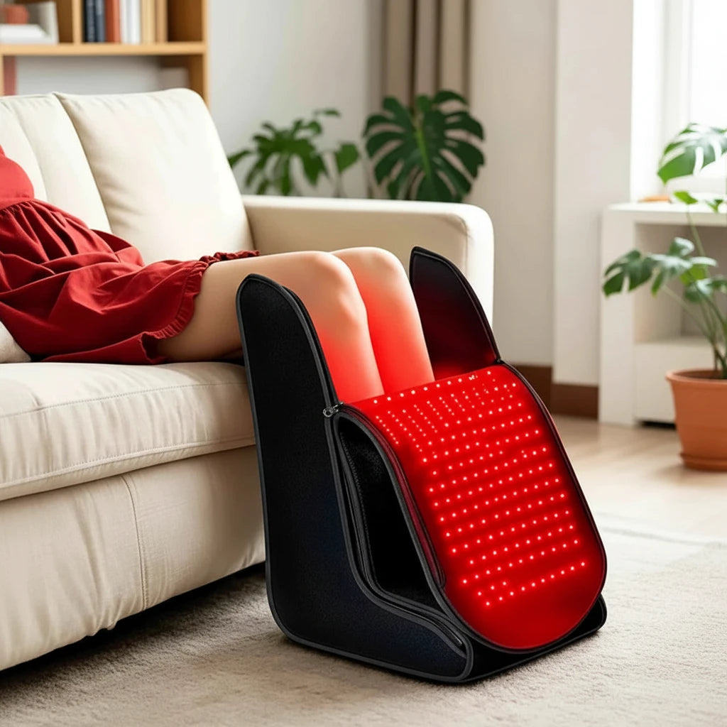 Woman relaxing on a sofa with her legs resting in the ToeGlow Pro foot wrap
