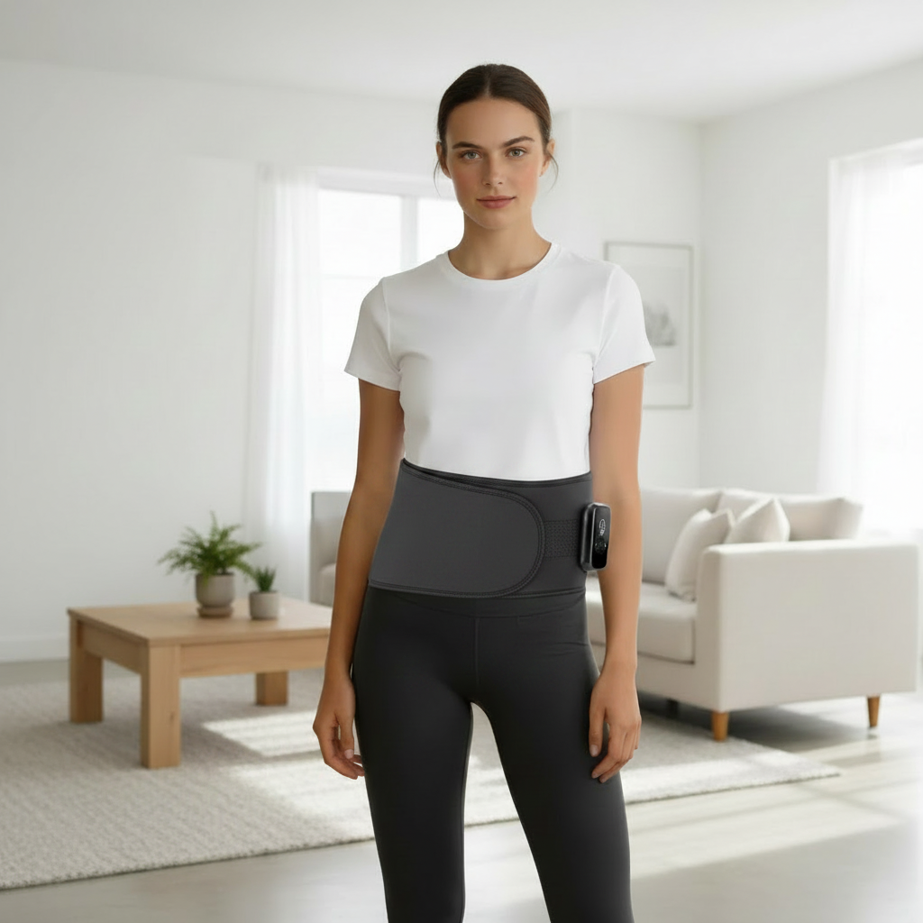 Woman wearing LumiBack Pro lumbar wellness belt in modern home interior