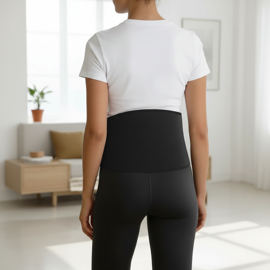 Back view of woman wearing LumiBack Pro showing slim profile under clothing