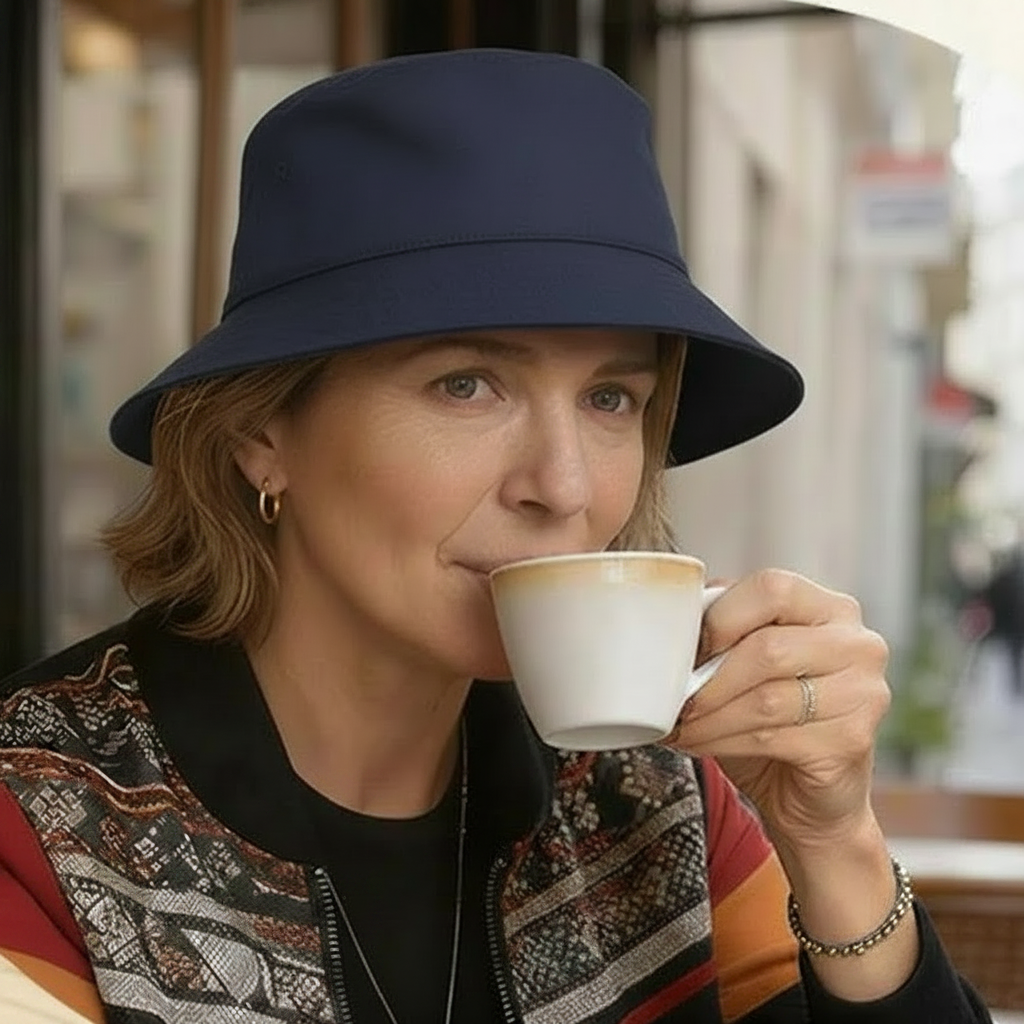 Woman wearing ScalpRevive Ultra helmet at home, relaxing with coffee