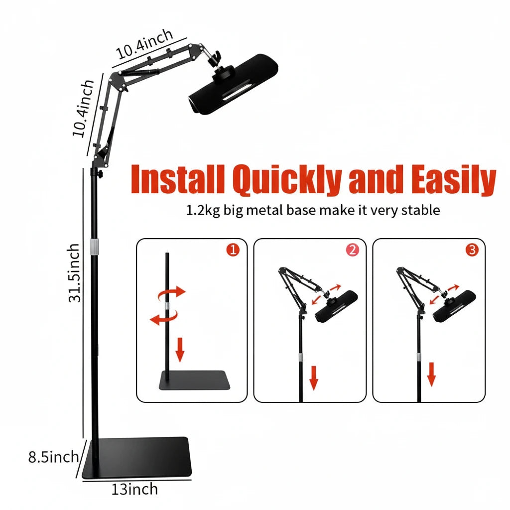 LumiPanel Slim adjustable floor stand for face and full body LED therapy sessions
