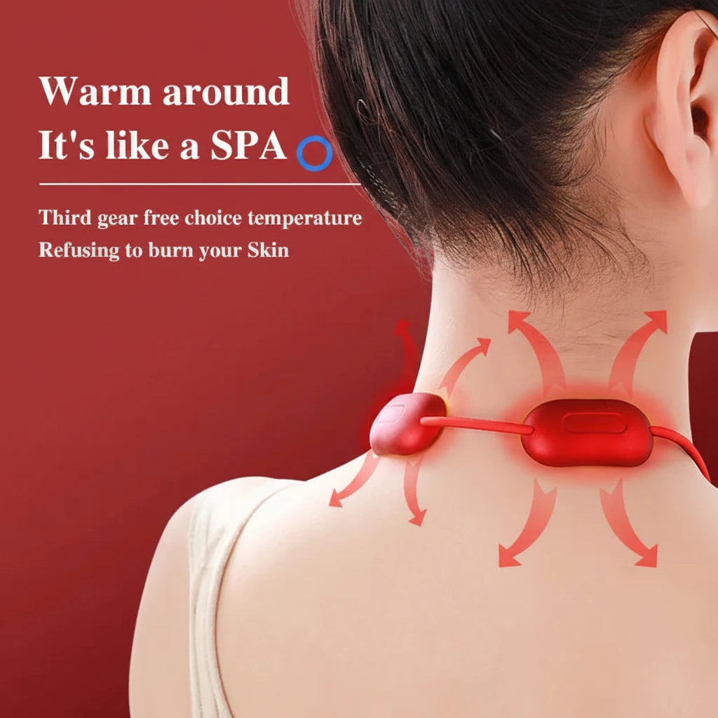 Woman wearing VitaPulse Neck Pro pendant-style neck massager during evening relaxation
