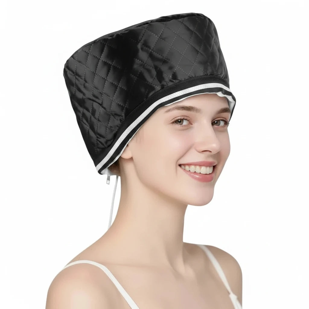 Woman wearing ScalpBloom Cap Pro heated hair cap during deep conditioning treatment
