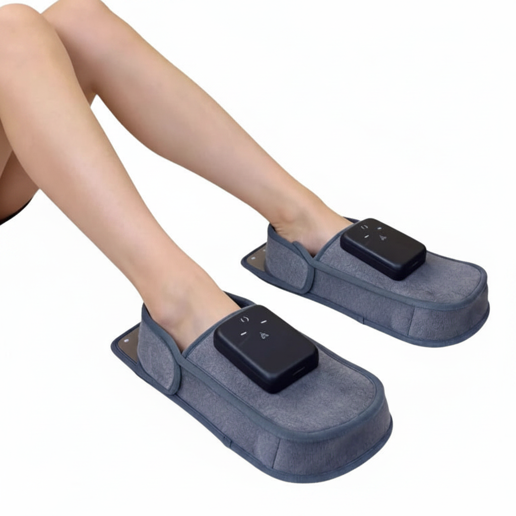 Person relaxing with feet resting in the FootGlow Pro slippers, viewed from the side
