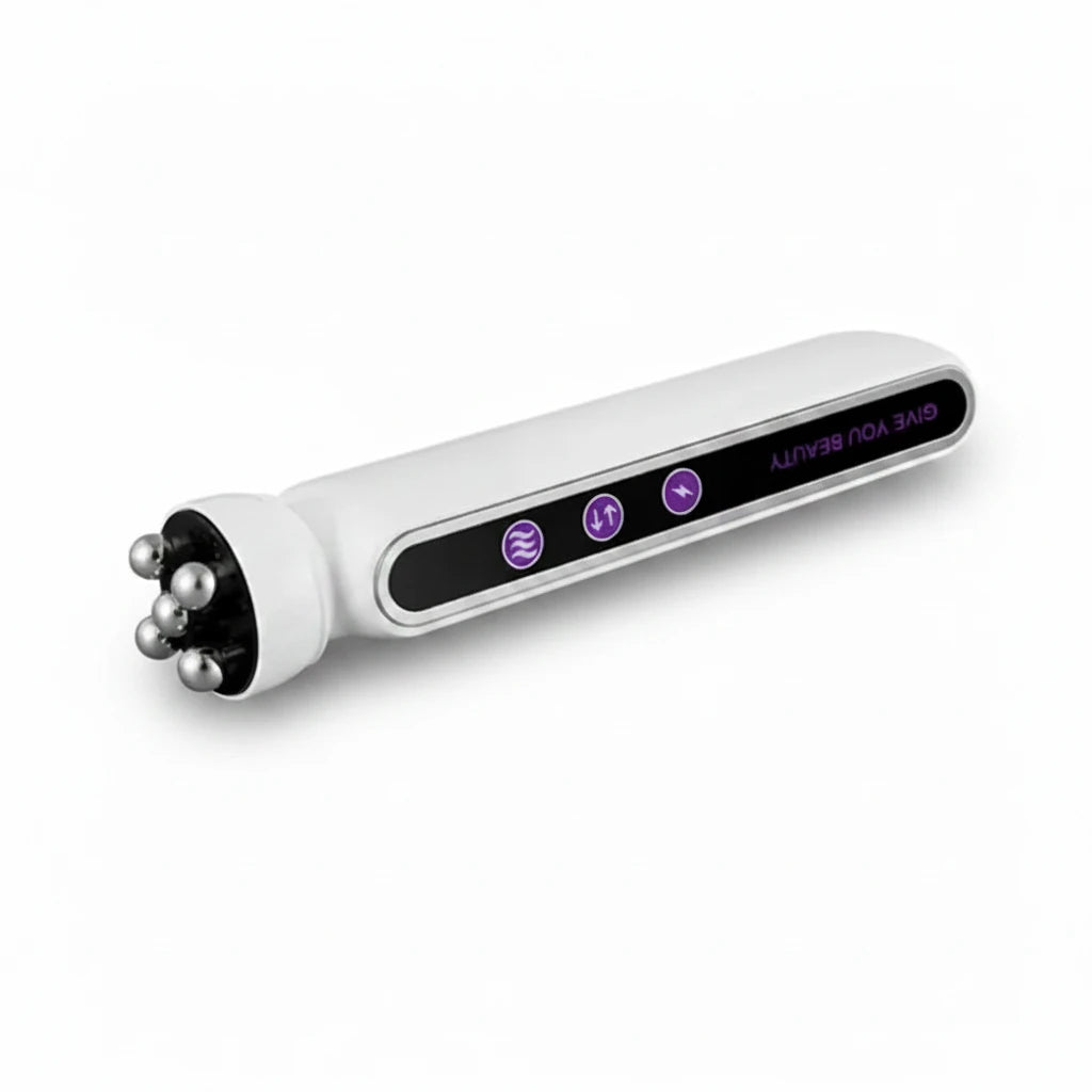 Woman using LumiSculpt Pro face roller for lymphatic drainage and depuffing morning ritual
