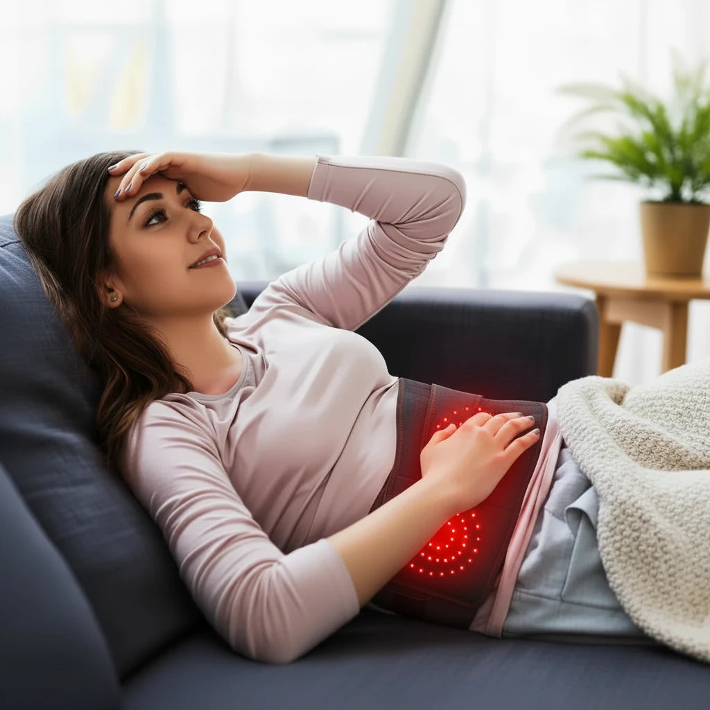 Woman relaxing on sofa with LumiBack Pro Spa Edition aromatherapy ritual