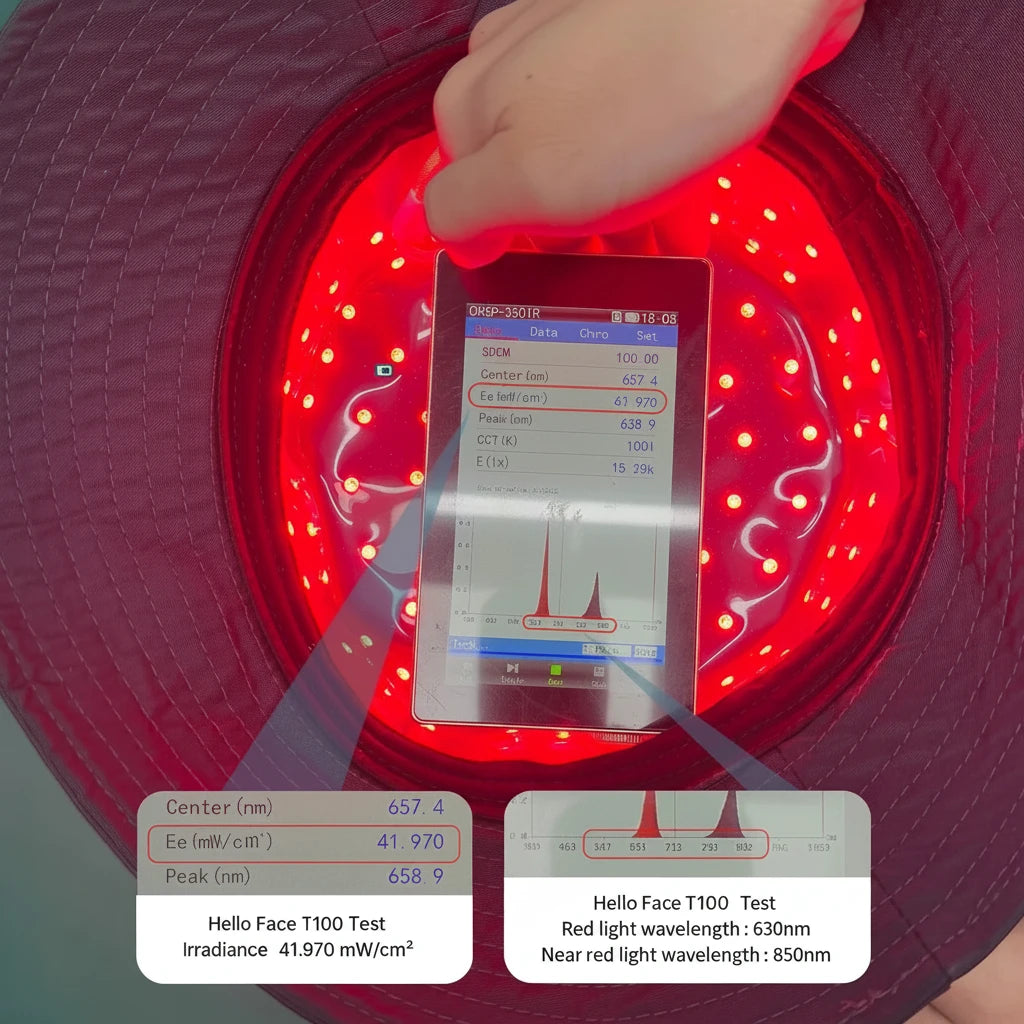 Hand holding the ScalpRevive Ultra remote control with helmet glowing red