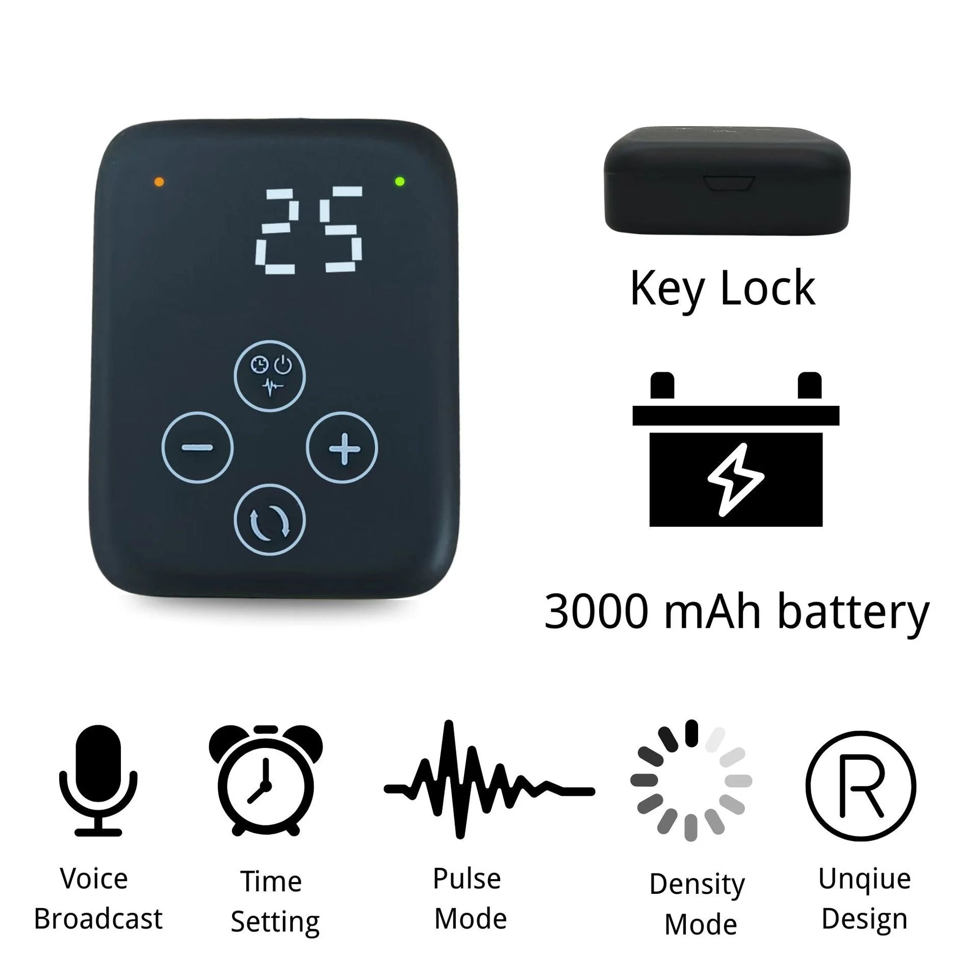 FootGlow Pro controller, 3000mAh battery and feature icons including voice and modes
