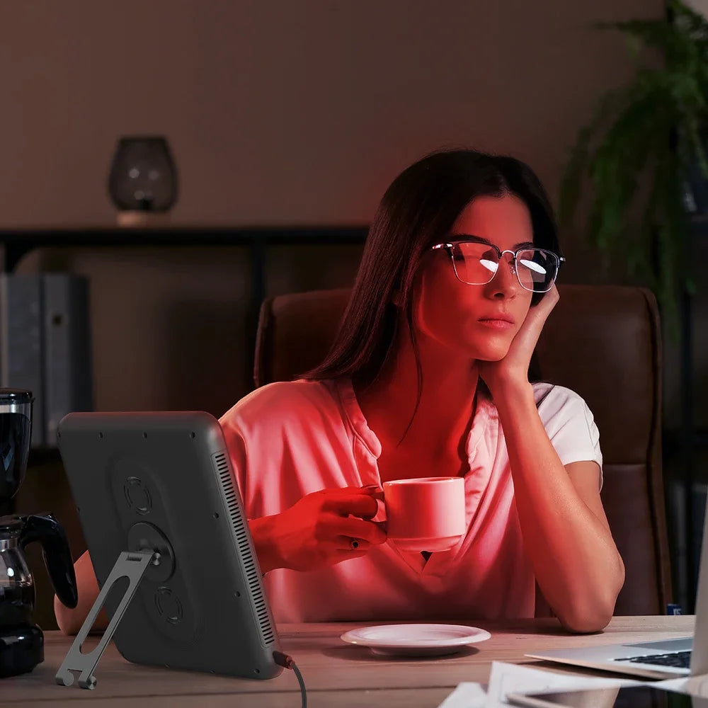 Woman using LumiPanel Pulse for face LED ritual with protective glasses