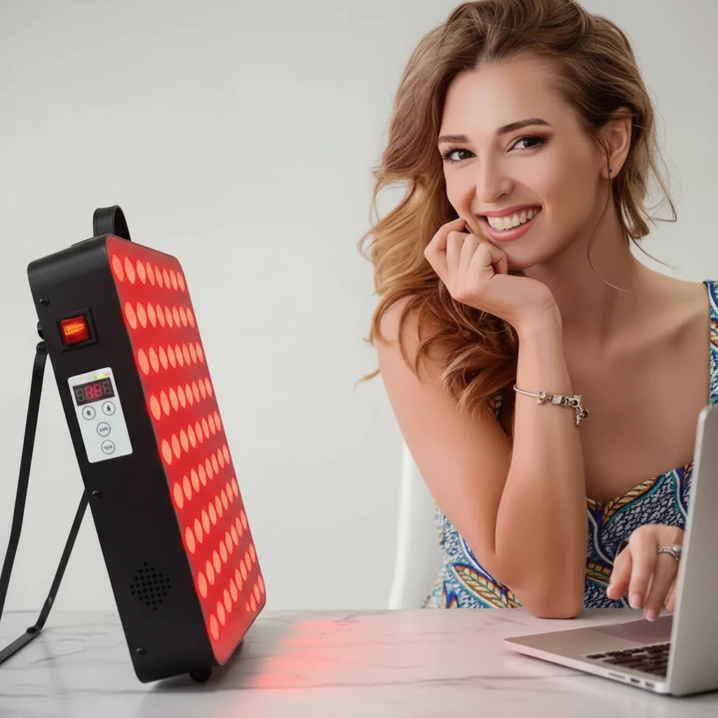 Woman using LuminaPro Panel red light therapy for full body anti-aging session at home
