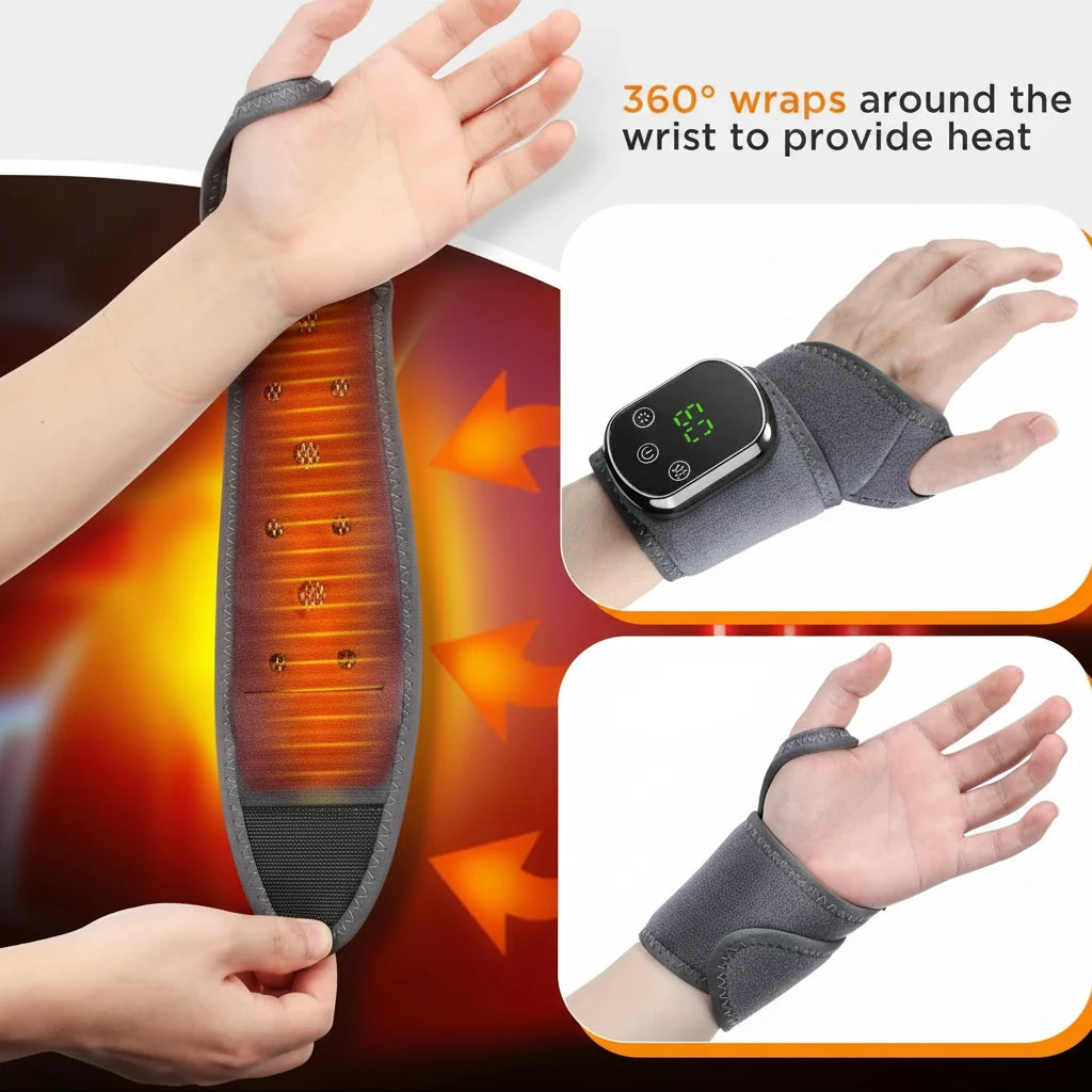 Person wearing VitaWarm Pro heated wrap around wrist for muscle recovery and warmth
