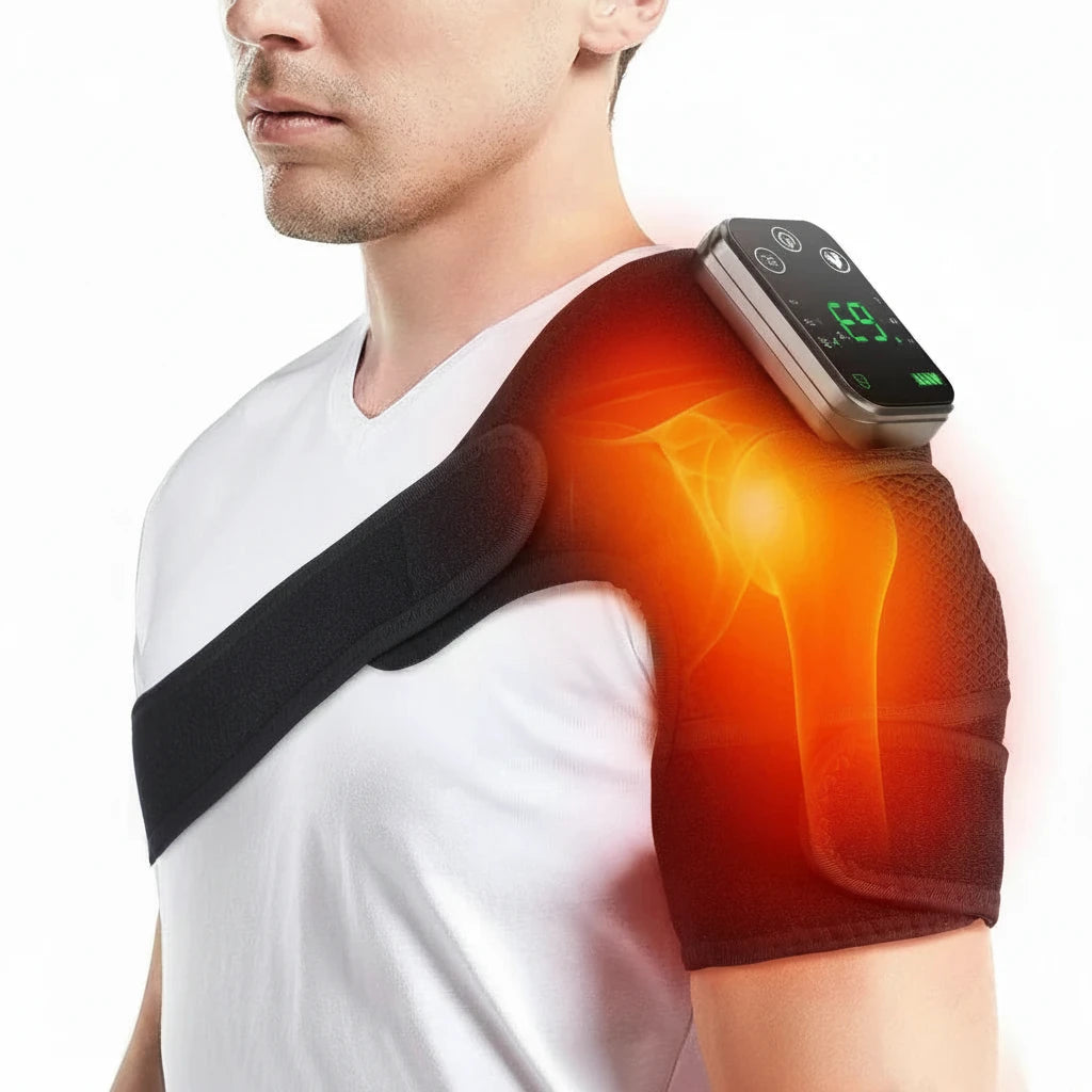 Person using VitaJoint Pro adjustable joint massager on elbow for muscle recovery
