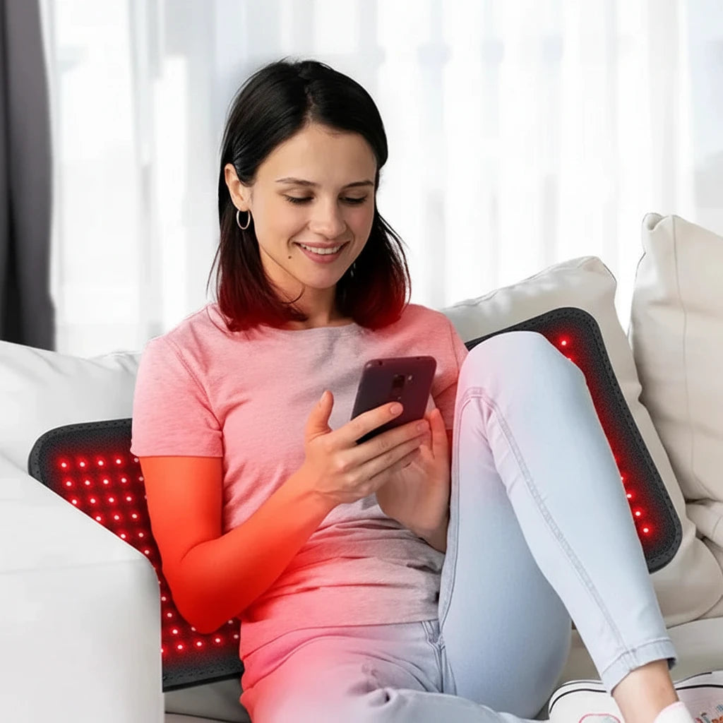 Woman wearing LumiMat Pro while working from home