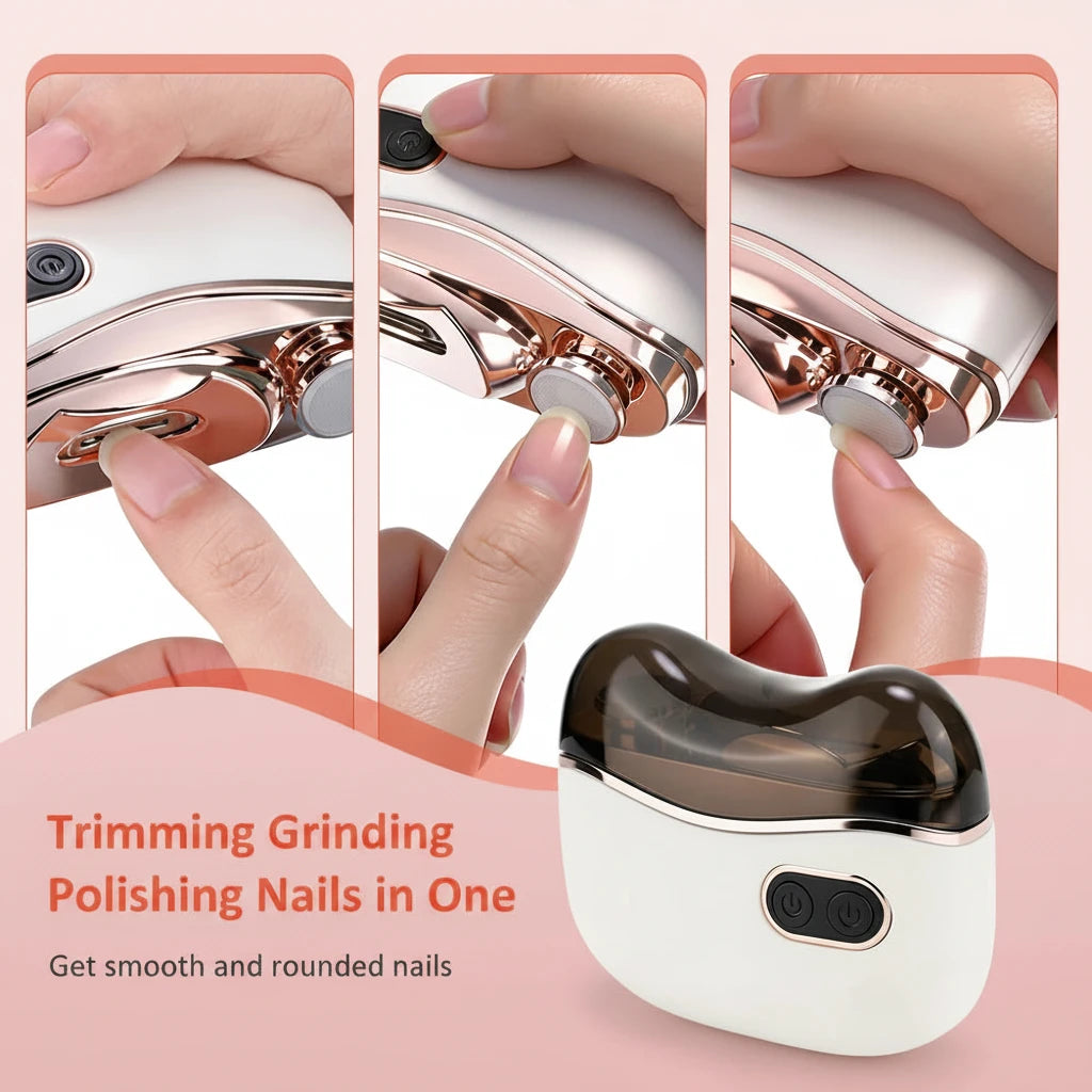 Woman using SilkFile Pro electric nail trimmer for safe at-home manicure
