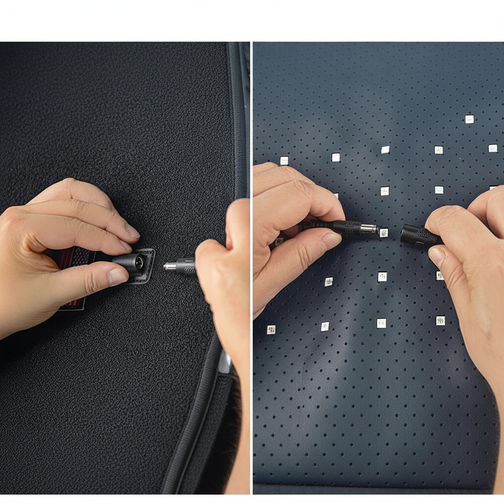 Close-up of hands connecting the cable inside the ToeGlow Pro foot wrap
