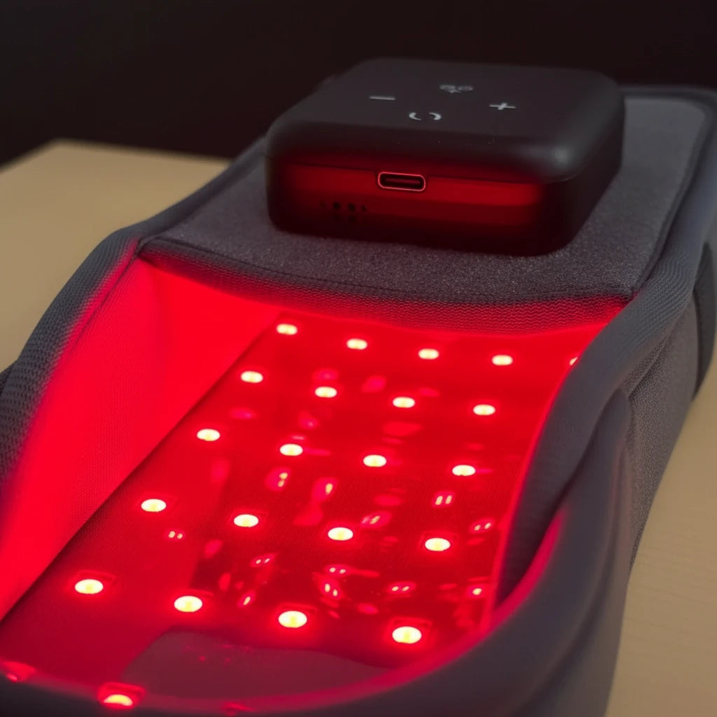Close-up of a FootGlow Pro slipper showing the red LED light array inside
