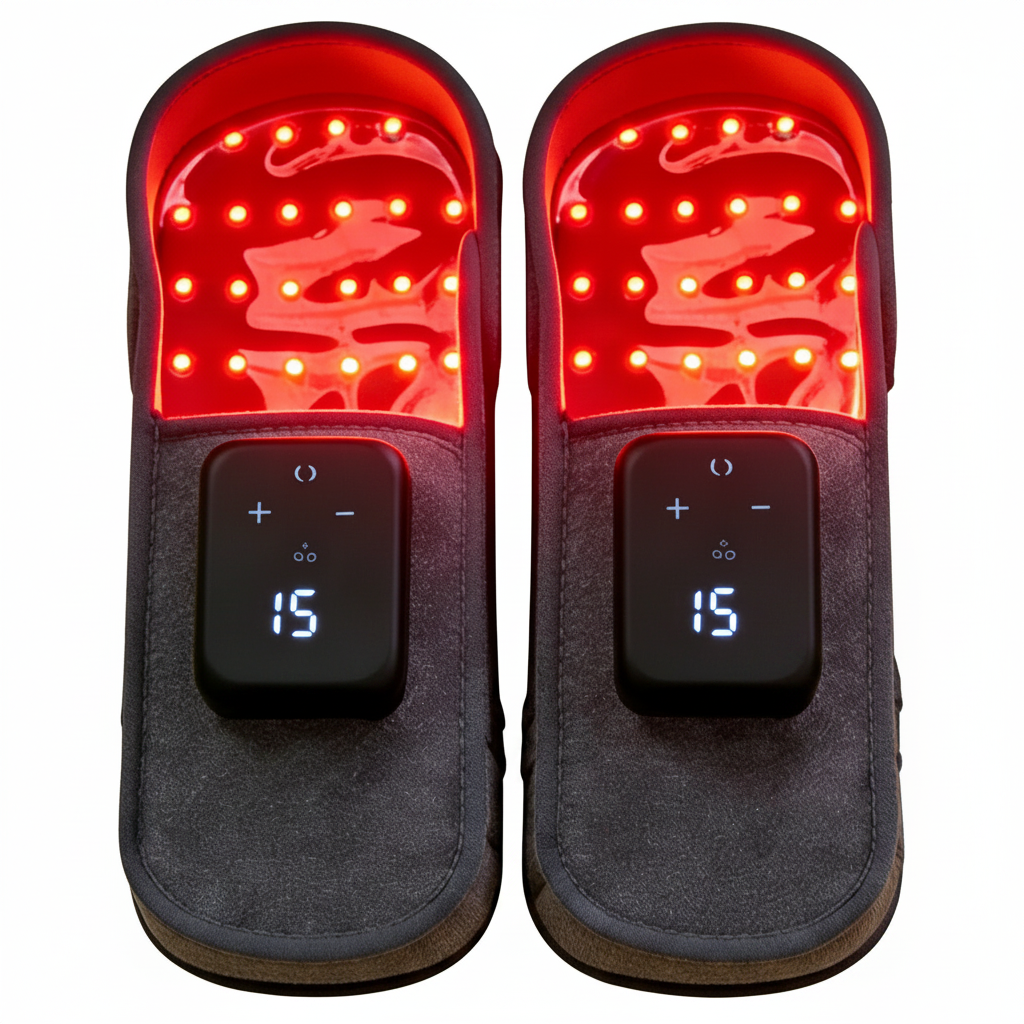 Pair of FootGlow Pro red light slippers with glowing red LEDs and digital controllers

