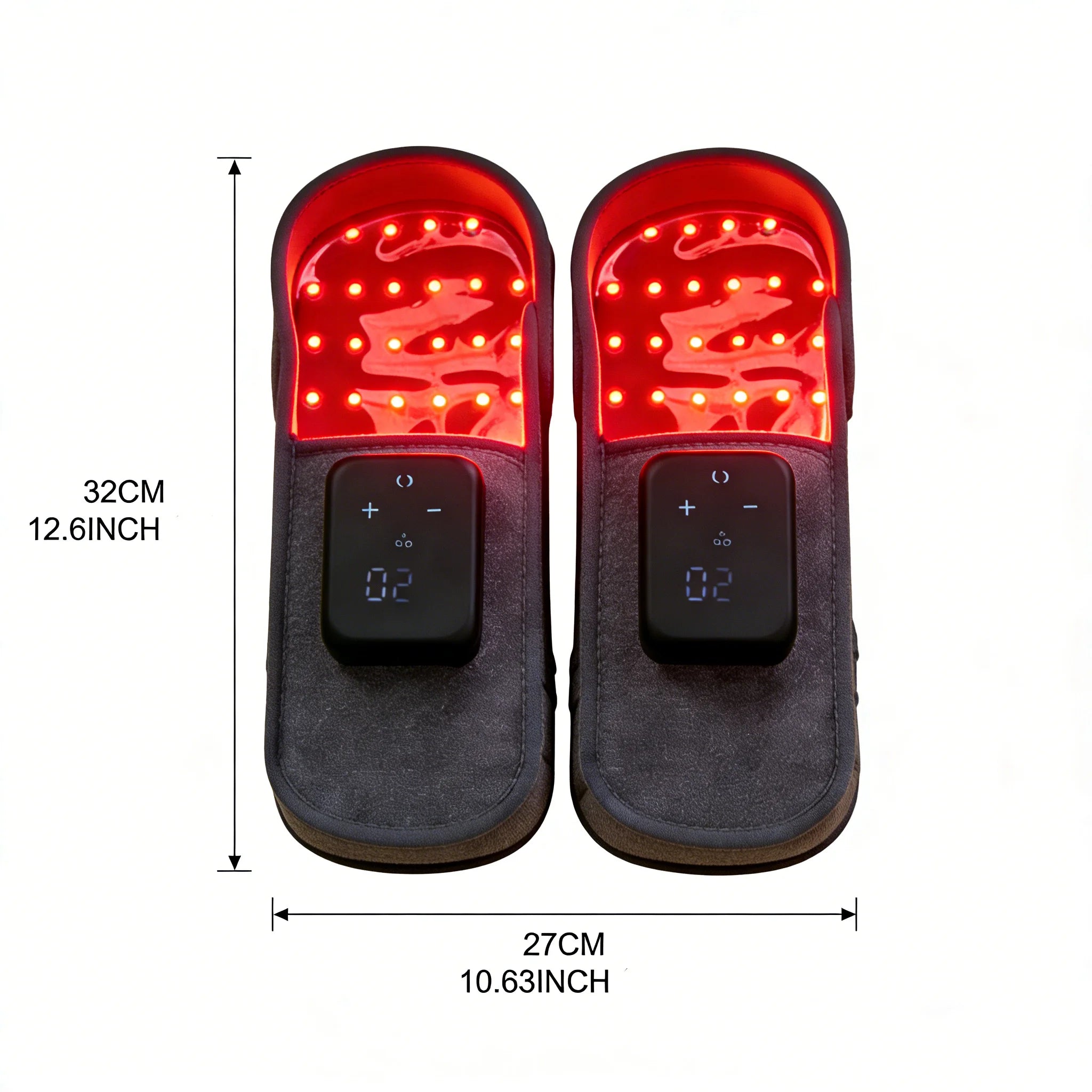 Pair of FootGlow Pro slippers glowing red with size dimensions shown
