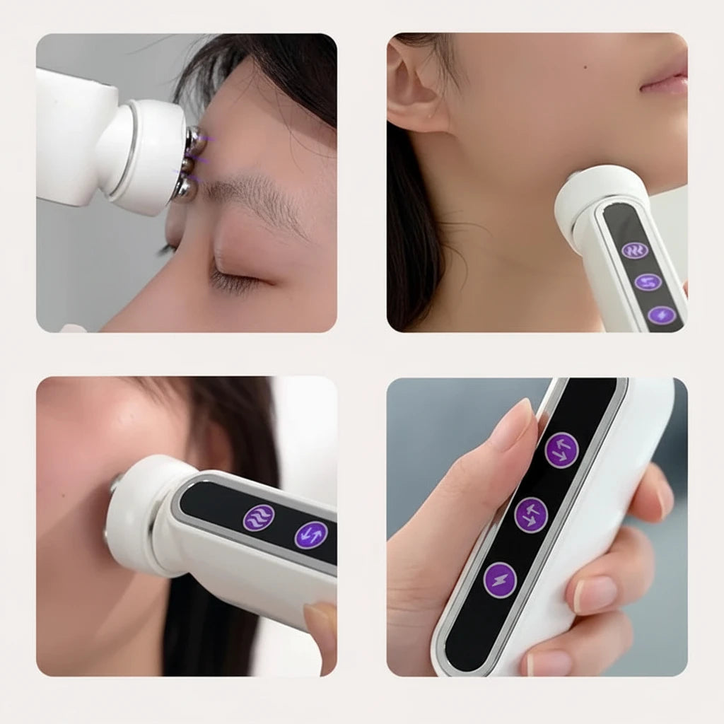 Hand holding LumiSculpt Pro facial lifting massager with rotating roller head
