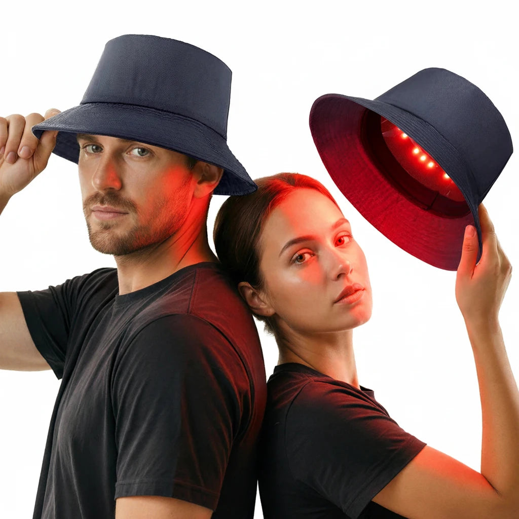 Man and woman wearing ScalpRevive Ultra red light hair growth helmets outdoors